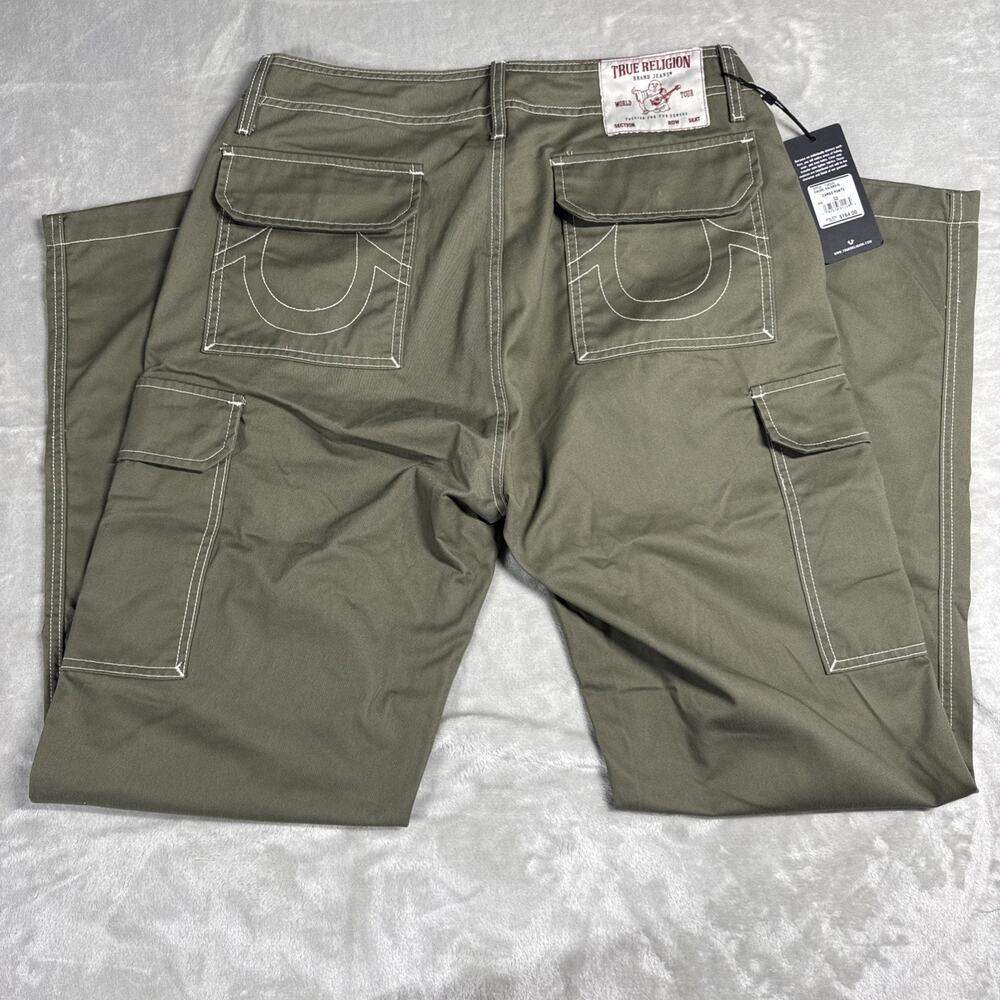 True Religion NEW Mens Cargo Pants 32 Green Canvas Straight Leg Zip Pockets Logo